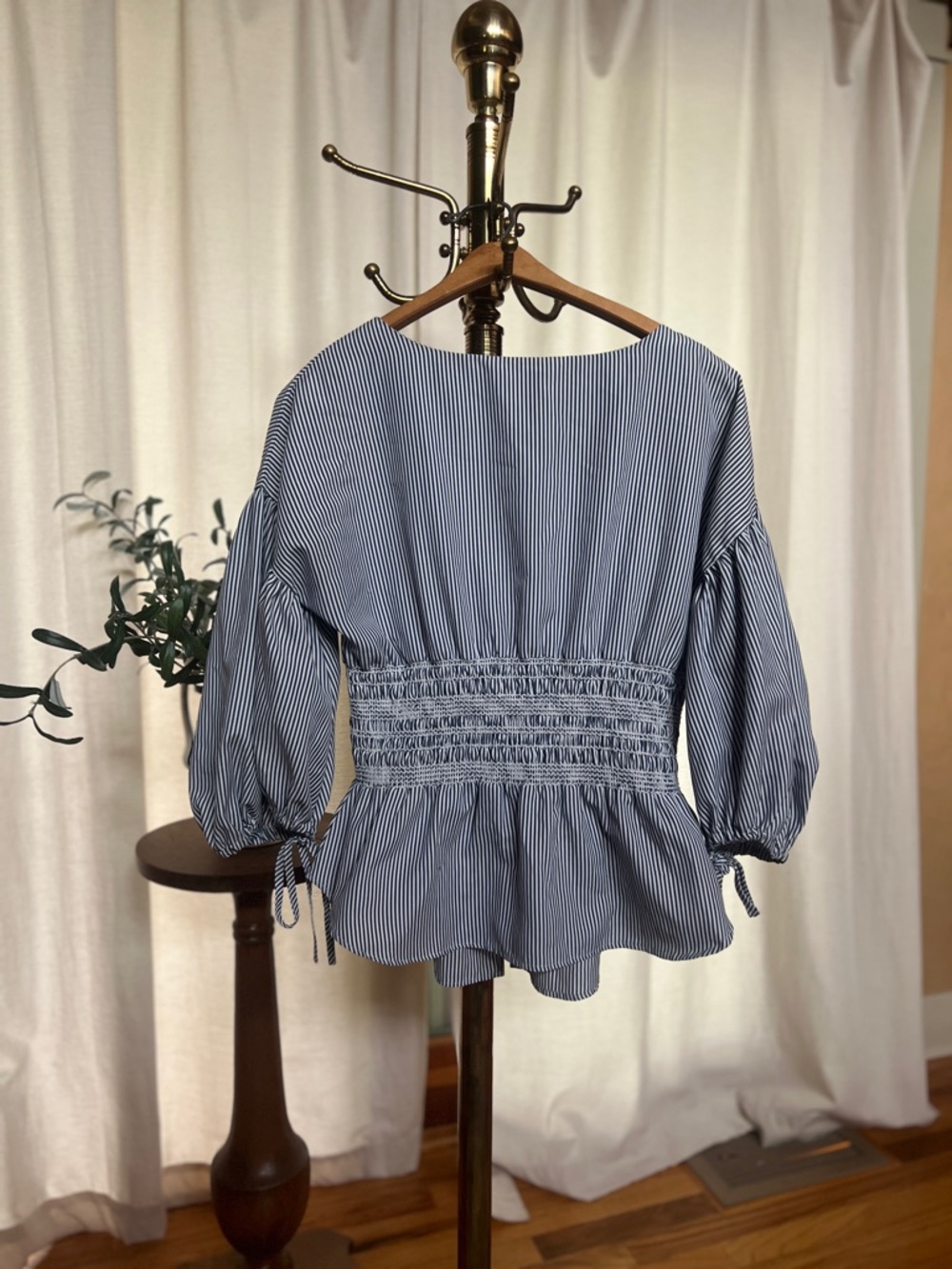 Striped Blue Peplum Smocked Waist Blouse
